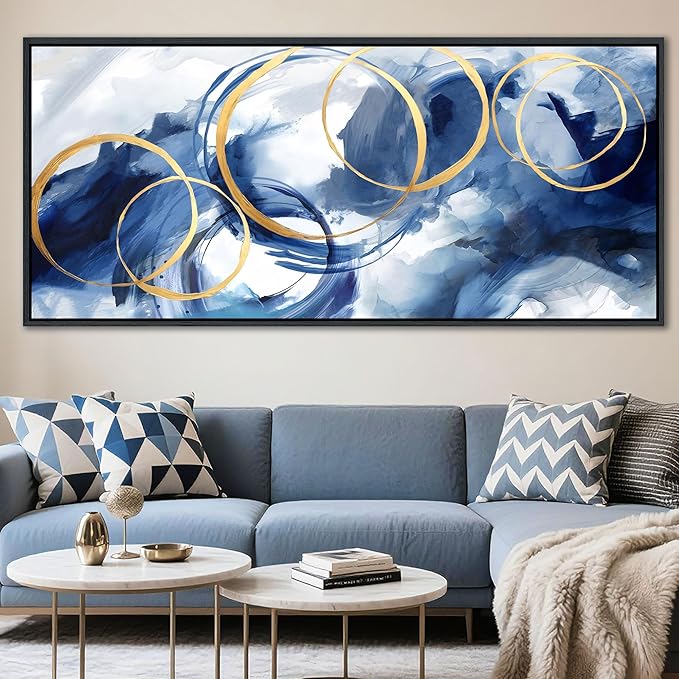 AJAZIKO Blue Abstract Canvas Wall Art Modern Wall Decor Artwork for Walls Living Room Large Painting Office Pictures Navy Gold Contempor Decorations for Bedroom