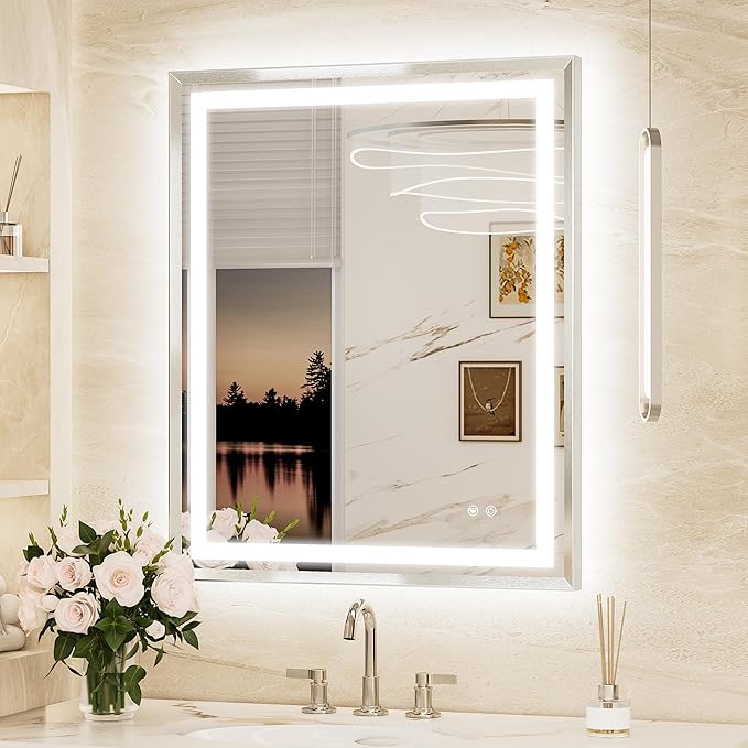 Keonjinn 30 x 36 Inch Brushed Nickel Bathroom LED Mirror, Front & Back Lighted Bathroom Mirror for Vanity, Tempered Glass, UL Listed LED Driver, Beveled Frame, 3 Color Lights, Anit-Fog, Dimmable