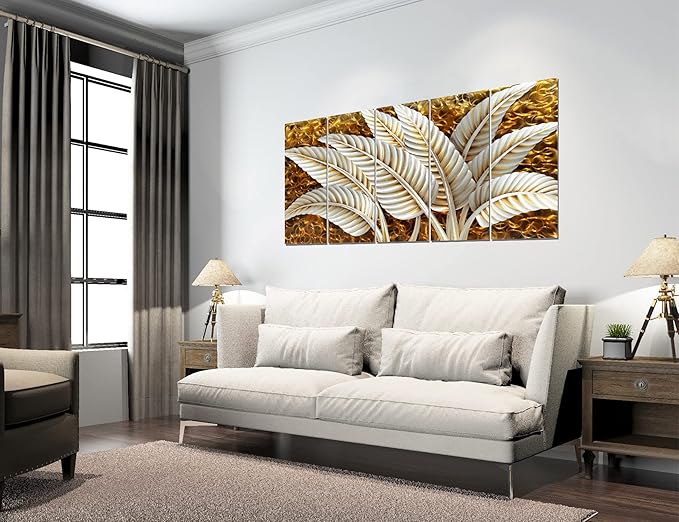 BATRENDY ARTS Modern Silver Banana Leaves Metal Art Wall Decor Golden Home Accent Sculpture 5 Panel Artwork Hand Polished Decorative Hangings for Bedroom