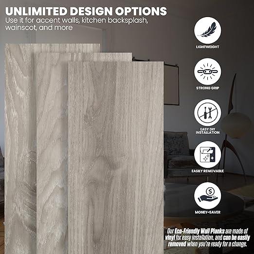 Accent Wall Planks, Peel and Stick, Accent Wall in a Box, Strong Adhesive, Light Weight, Removable, Easy DIY Install, Beautiful Accent Wall, Wainscot, Backsplash (Hazy Gray)
