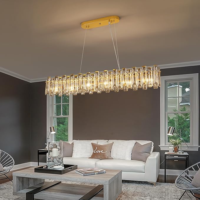 Modern Luxury Rectangular K9 Crystal Chandelier for Dining Room Living Room Kitchen Island Entryway Foyer L43 Easy Install Adjustable Hight 6-Light Ceiling Hanging Light Fixture Gold