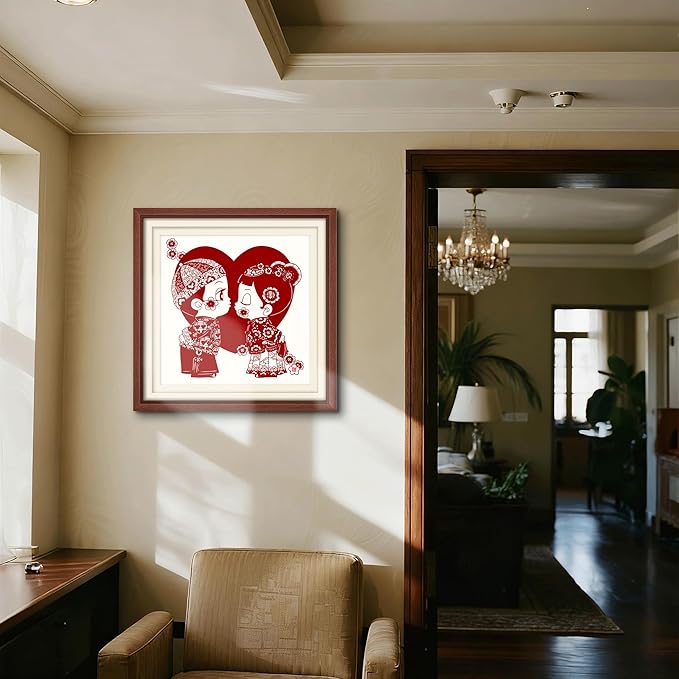 crmotu Chinoiserie Wall Art, Chinese Wedding Paper-Cutting Framed Wall Decor, Romantic Couple Wall Decor, Unique Folk Handmade Gift for Newlyweds Engagement Anniversary 26x26 Inch