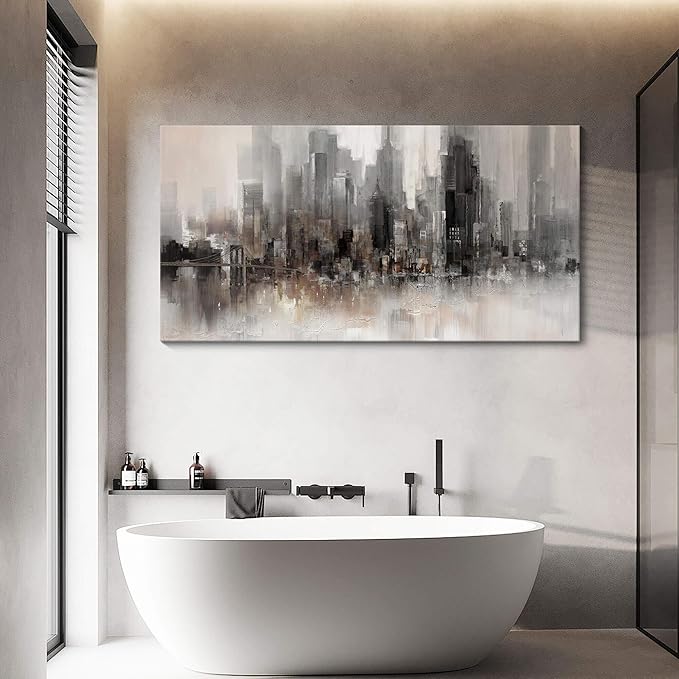 Cityscape Wall Art New York City Skyline Buildings Picture Modern Abstract Grey NYC Skyline Painting Framed Artwork for Bedroom Living Room Bathroom Home Office Decor29×58IN