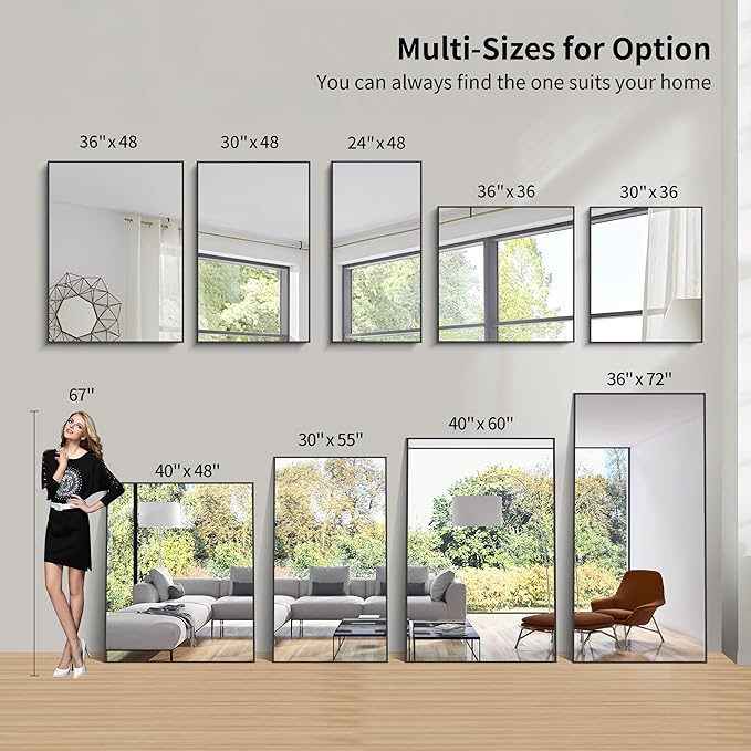 KOCUUY 60x36 Inch Large Black Wall Mounted Mirror,Aluminum Framed Decorative Rectangular Bathroom Mirror for Wall Over Sink,Vanity Mirror for Bedroom Living Room Bathroom,Functional Oversized Mirror