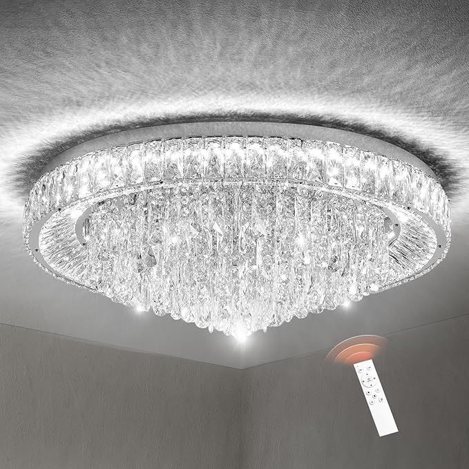30" Ceiling Crystal Chandeliers: K9 Crystals 3 Color Temperature Led Light Dimmable with Remote - Modern Silver Chandelier Crystal Flush Mount Ceiling Lights for Dining Room, Living Room, Bedroom