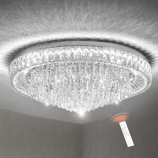 30" Ceiling Crystal Chandeliers: K9 Crystals 3 Color Temperature Led Light Dimmable with Remote - Modern Silver Chandelier Crystal Flush Mount Ceiling Lights for Dining Room, Living Room, Bedroom
