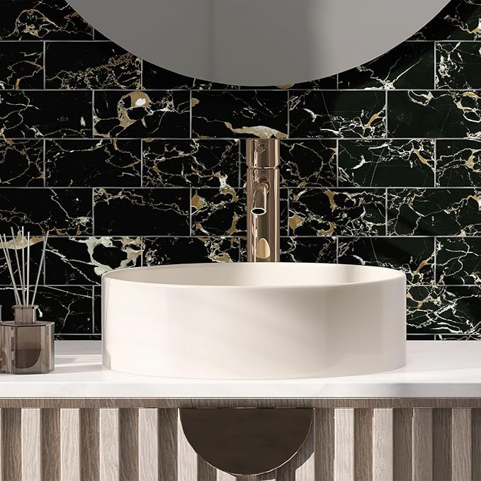 16-Pack Peel and Stick Backsplash Marble Wall Tiles, Waterproof 4" x 8" Glossy Imitation Black Gold Marble, PVC Shower Wall Panels for Interior Wall Decor; Tile for Kitchen, Bathroom, and Fireplace