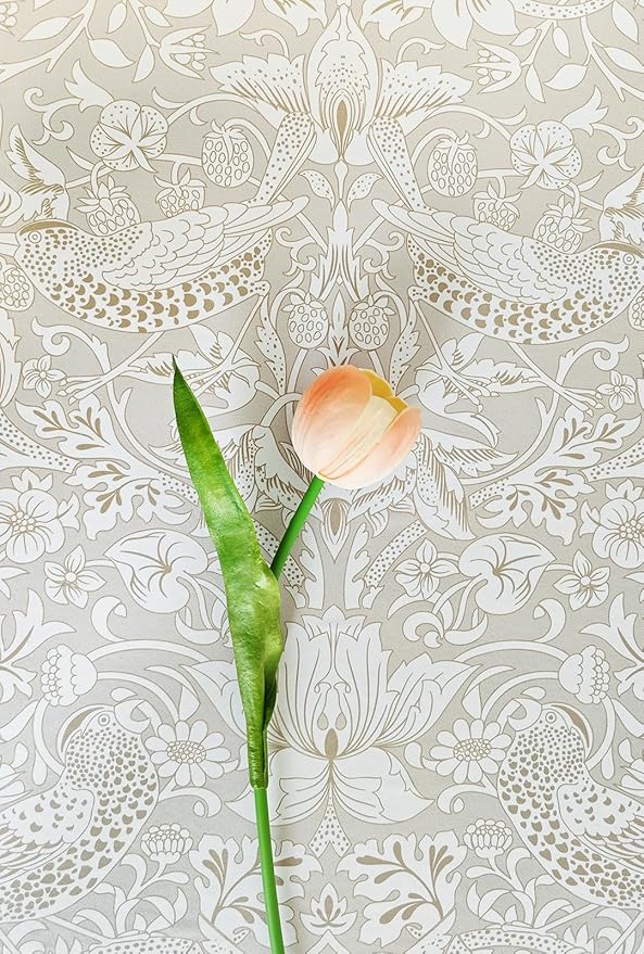 17.7x394in Vintage Floral Wallpaper Peel and Stick William Morris Wallpaper Neutral Strawberry Bird Botanical Self Adhesive Removable Waterproof Contact Paper for Living Room Bedroom Bathroom