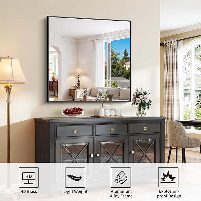 Black Bathroom Mirror for Wall, 39x39 Inch Rectangle with Metal Frame, Square Modern Vanity for Bathroom Living Room, Entryway Hangs Horizontal or Vertical