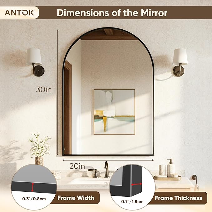 Antok Wall Mirror, 20"x30" Bathroom Vanity Mirror, Anti-Rust HD Tempered Glass, Wall Mounted Mirrors for Living Room, Entryway, Black Frame, Arched