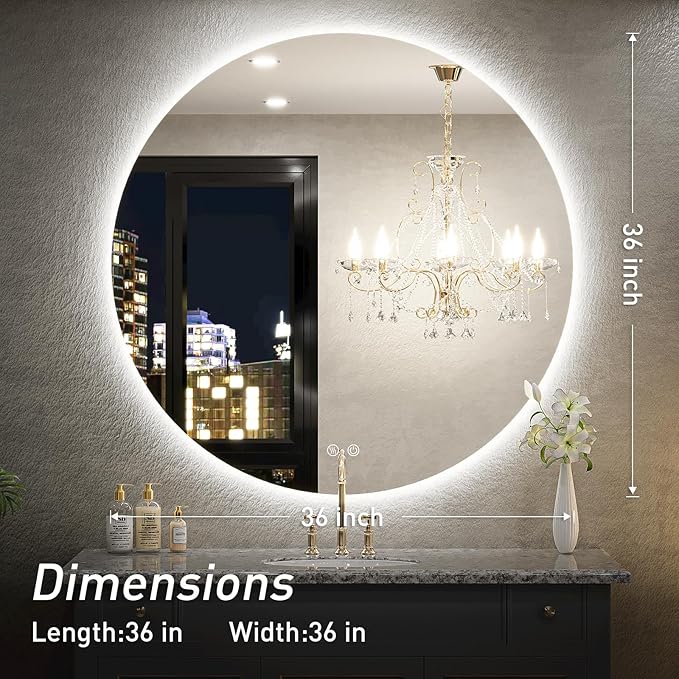 36 Inch Round LED Bathroom Mirror - 6000K Daylight Backlit, Anti-Fog & Dimmable, Frameless Waterproof Mirror with Touch Control, CRI90+, IP54 for Vanity & Makeup