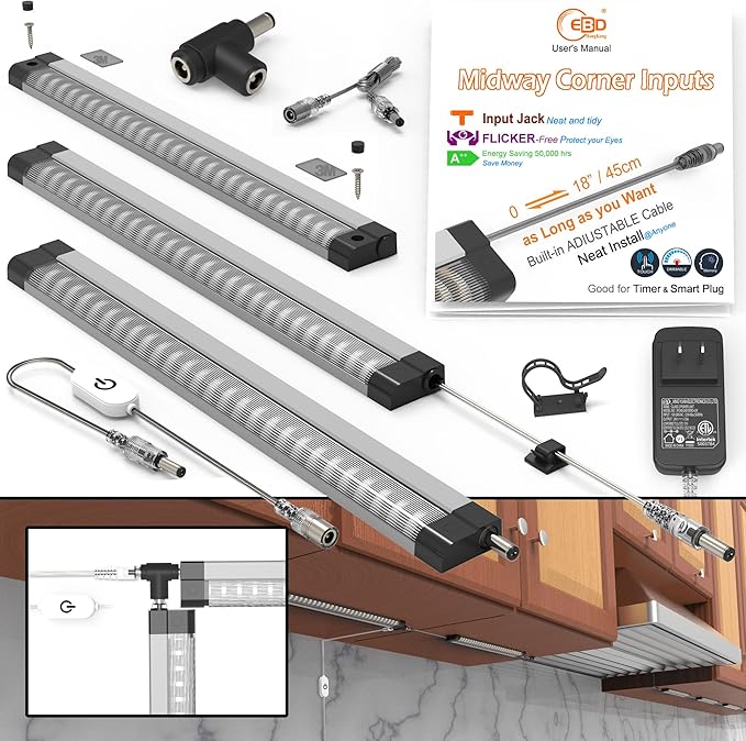 LED under cabinet lighting for kitchen Built-in 45cm/18" Adjustable Cable as Long as you Want CORNER INPUT JACK easy access to power at the location closest to the plug 3 Pcs 1350Lm 3000K Super Bright