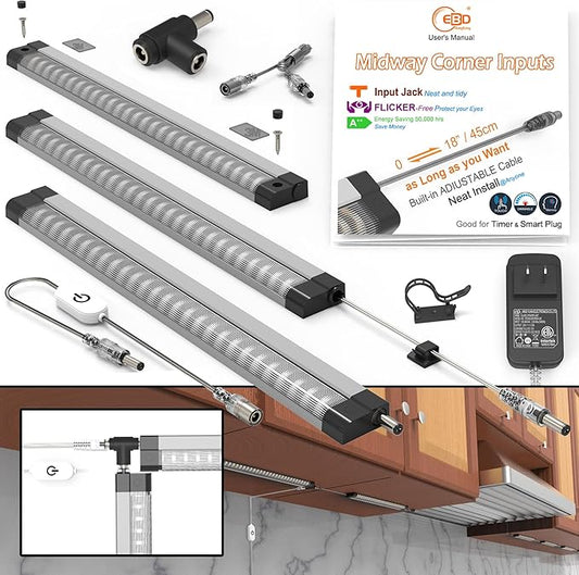 EBD LED Light Bar Built-in Adjustable Cable Corner Input Under-Counter Light fixtures Work Bench linkable Touch Lights 3 Pcs 1350 Lm 4500K Super Bright for Pantry Garage Shelves Closet Shelf