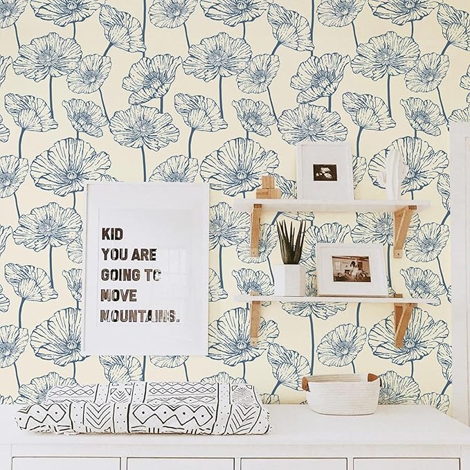 Orainege Peel and Stick Wallpaper Floral Contact Paper Blue and Beige Wallpaper 17.3inx196.8in Self Adhesive Wall Paper Boho Removable