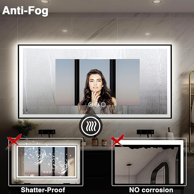 72x32 LED Bathroom Vanity Mirror - Black Aluminum Framed, Front and Backlit, Anti-Fog, Stepless Dimmable, 3 Colors Smart Mirror