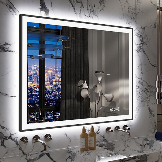 Lighted Bathroom Mirror 40x32 Backlit and Front Light LED Wall-Mounted Vanity Mirror Modern Rectangle Black Mirror (Horizontal/Vertical)