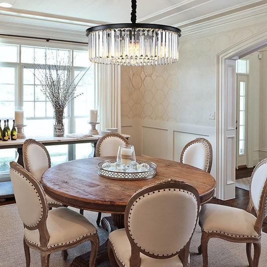 Black Modern Crystal Chandelier Lighting Semi Flush Mount Ceiling Light Fixture 2-Tier K9 Crystal Hanging Pendant Light for Dining Room Kitchen Island Living Room Bedroom Hallway 21.6inch…