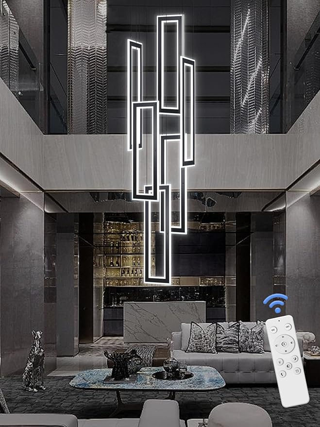 Modern Chandeliers, Black Chandelier with 6 Ring Led Foyer Chandeliers,Larger High Ceiling Chandelier for Living Room,Square Chandeliers for Entryway Staircase LED Dimming 2700k-6000k