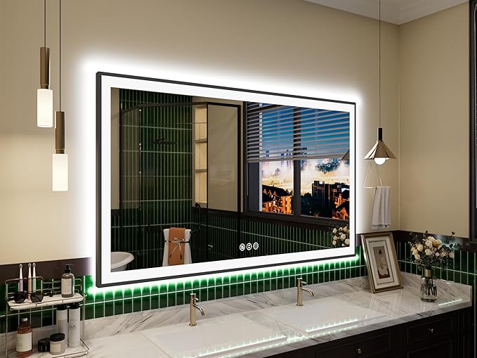 LED Bathroom Mirror 51x32 with Backlit and Front Lighted, Framed Dimmable Illuminated Mirror for Wall Anti-Fog Shatterproof (Horizontal/Vertical)