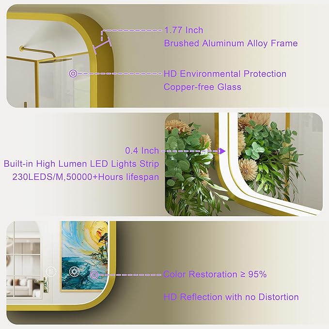 28x36 Inch Gold LED Bathroom Mirror with Lights, Wall Mounted Framed Lighted Bathroom Vanity Mirror, Stepless Dimmable, Memory Funtion, Anti-Fog, Horizontal/Vertical
