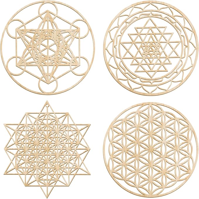 Leinuosen 4 Pcs 12 Inch Crystal Grid Board Sacred Geometric Wall Art Set Metatron Cube, Flower of Life, Sri Yantra, 64 Star Tetrahedron Pagan Decor Home Wall Decor for Room (Wood Color)