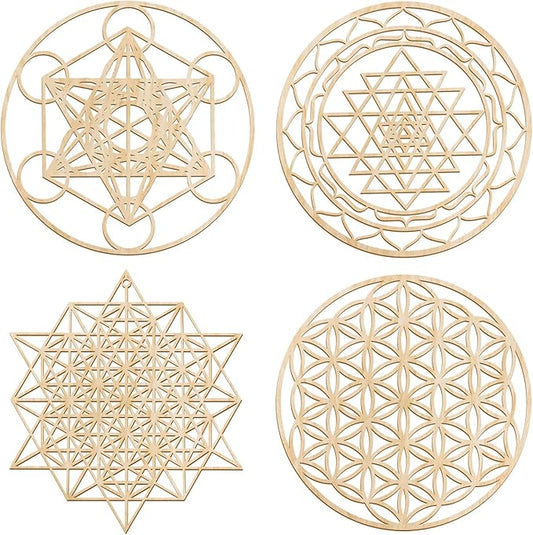Leinuosen 4 Pcs 12 Inch Crystal Grid Board Sacred Geometric Wall Art Set Metatron Cube, Flower of Life, Sri Yantra, 64 Star Tetrahedron Pagan Decor Home Wall Decor for Room (Wood Color)