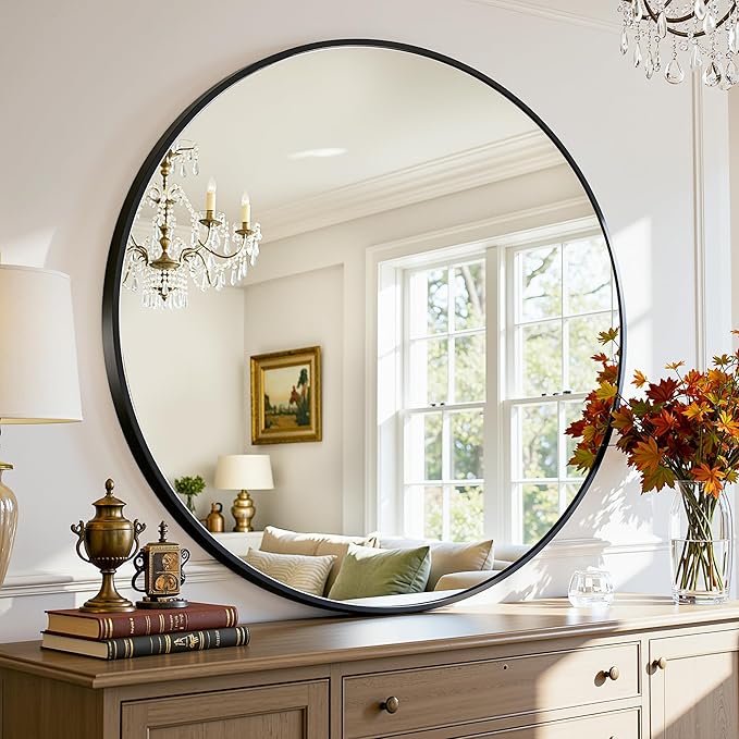 Antok Wall Mirror, 24"x24" Bathroom Vanity Mirror, Anti-Rust HD Tempered Glass, Wall Mounted Mirrors for Living Room, Entryway, Black Frame, Round