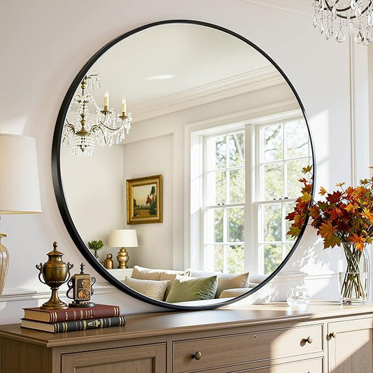 Antok Wall Mirror, 24"x24" Bathroom Vanity Mirror, Anti-Rust HD Tempered Glass, Wall Mounted Mirrors for Living Room, Entryway, Black Frame, Round