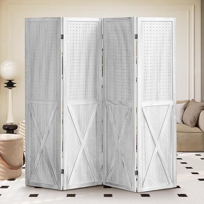 4 Panel Pegboard Display Room Divider Panel, Peg Board Room Divider and Folding Privacy Screen, 5.6Ft Wood Divider Wall, Pegboard Display Stand Organizer for Art, Craft Show, Jewelry (White)