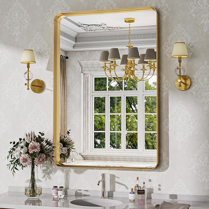 Bathroom Mirror Vanity for Over Sink Wall Mirror - 24x32 Inch Rounded Corner Rectangle Aluminum Frame Mirror,Hangs Horizontally or Vertically for Living Room Bedroom or Entryway Gold