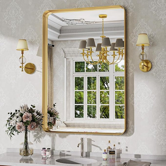 Bathroom Mirror Vanity for Over Sink Wall Mirror - 24x32 Inch Rounded Corner Rectangle Aluminum Frame Mirror,Hangs Horizontally or Vertically for Living Room Bedroom or Entryway Gold