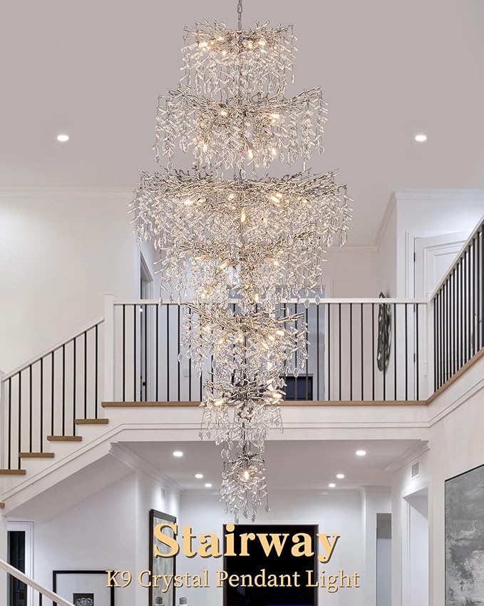 Modern Staircase K9 Chandeliers, Luxury Silver Long 7-Tier Large Foyer Entrance Chandeliers for High Ceiling Big Crystal Chandelier(Height 87 Inch 55 Lights)