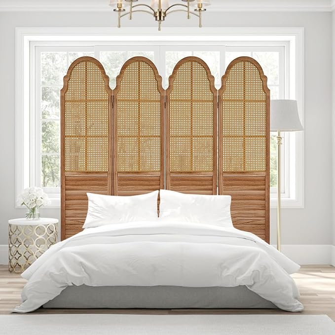 4 Panel Rattan Room Divider Panel, 5.6Ft Partitions and Dividers, Louvered Partition Divider, Room Dividers Screen, Solid Wood Frame, Folding Screen, Bedroom, Family Room, Light Brown