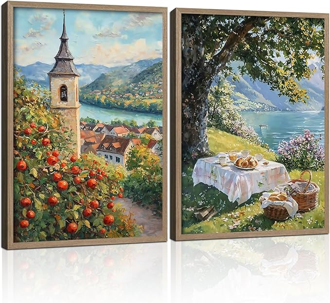 2 Pcs Wooden Framed Vintage Landscape Wall Art Pastoral Scenery Poster Countryside Scenery Artwork Canvas Print Lakeside Tree Shade Gallery Picture Living Room Bedroom Office Wall Decor 16x24 Inch