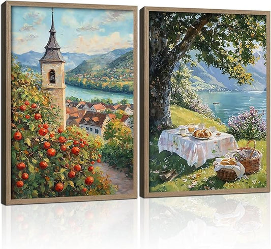 2 Pcs Wooden Framed Vintage Landscape Wall Art Pastoral Scenery Poster Countryside Scenery Artwork Canvas Print Lakeside Tree Shade Gallery Picture Living Room Bedroom Office Wall Decor 16x24 Inch