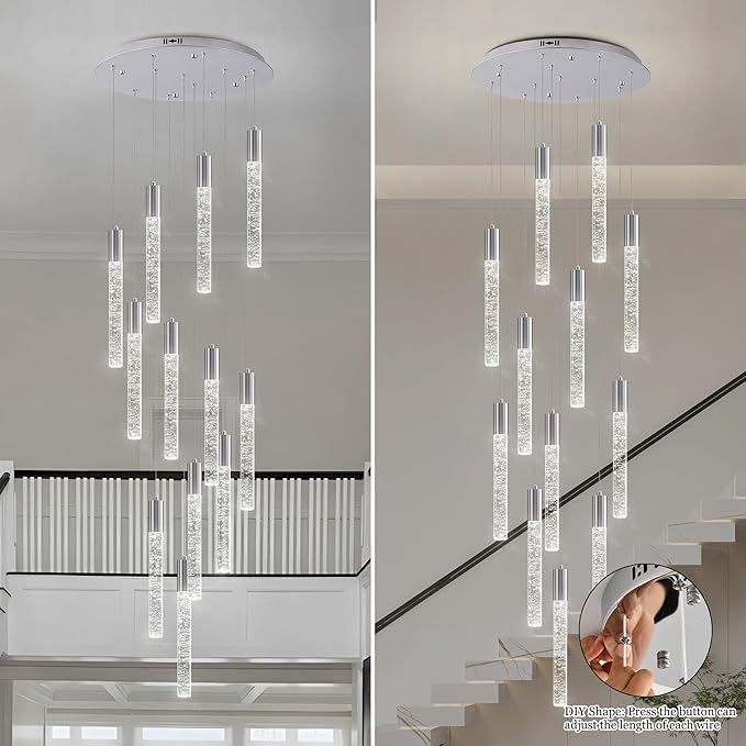 12-Lights High Ceiling Crystal Chandelier, Modern Large LED Raindrop Pendant Light Fixture 98.5" H Flush Mount Chandelier Chrome for Foyer Staircase Villa Living Room