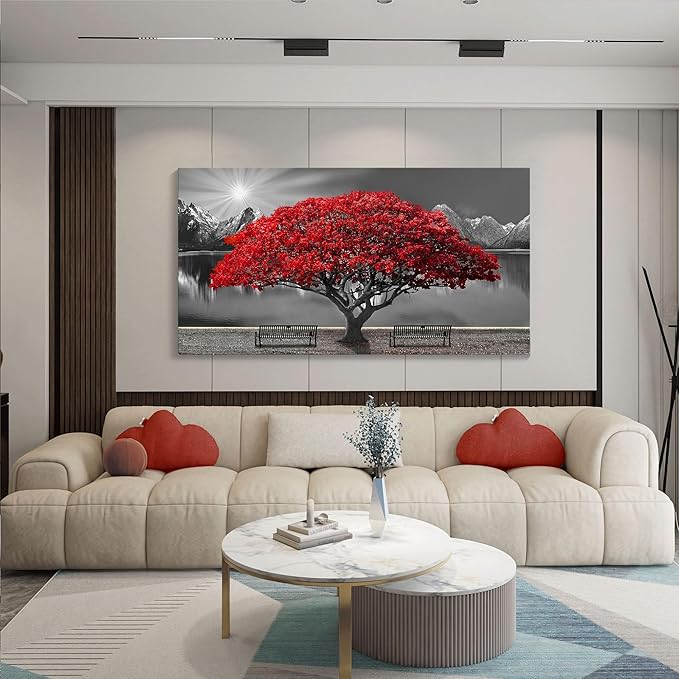Mofutinpo Black and White Red Tree Wall Art Canvas Print Picture Large Red Tree Landscape Modern Artwork for Living Room Bedroom Office Home Wall Decor With Frame 29X58inch