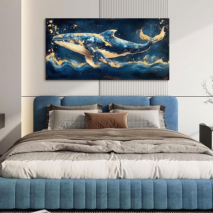 JEAWA Large Canvas Wall Art, 24x48 IN Ocean Blue Whale Animal Pictures Print Hand-drawn Gold Foil Texture Cool Wall Painting for Living Room Bedroom Kitchen Study Home Posters Decor