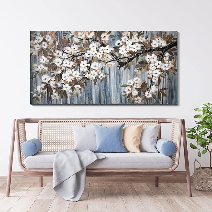 Large Canvas Wall Art for Living Room Wall Decor Abstract White Flower Tree with Gray Driftwood Picture Modern Framed Canvas Prints Artwork Ready to Hang for Bedroom Home Wall Decoration size 24x48