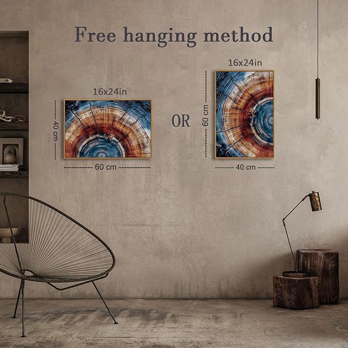 BingruiArt Framed Tree Ring Wall Art Wood Canvas Colorful Boho Wall Decor Rustic Artwork Abstract Painting Farmhouse Picture Nature Print for Living Room Bedroom Bathroom 16"x24" Natural Framed(01)