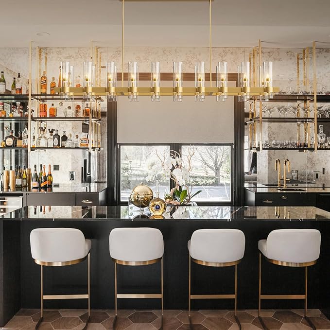 Brass Rectangle Kitchen Island Lights, Farmhouse Linear Rectangular Chandelier with Glass Shades, 20 Lights Gold Lighting Fixtures Industrial Pendant Light for Dining Room Over Table