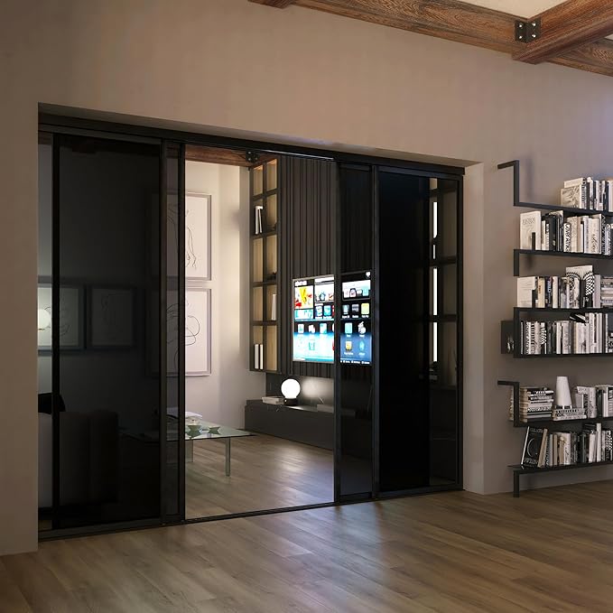 4 Panel Glass Room Divider and Sliding Glass Closet Doors - Smoked Frosted Partition Wall - Clear, Smoked and Frosted Glass Sliding Doors Options (Smoked Glass, 96x96)