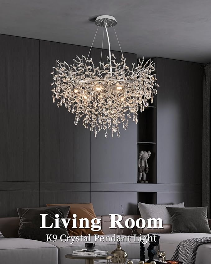 Modern Crystal Chandelier for Dining Room, 31.5" Chrome Tree Branch Chandeliers, 10-Light Luxury K9 Crystal Round Chandeliers for Kitchen Island Living Room