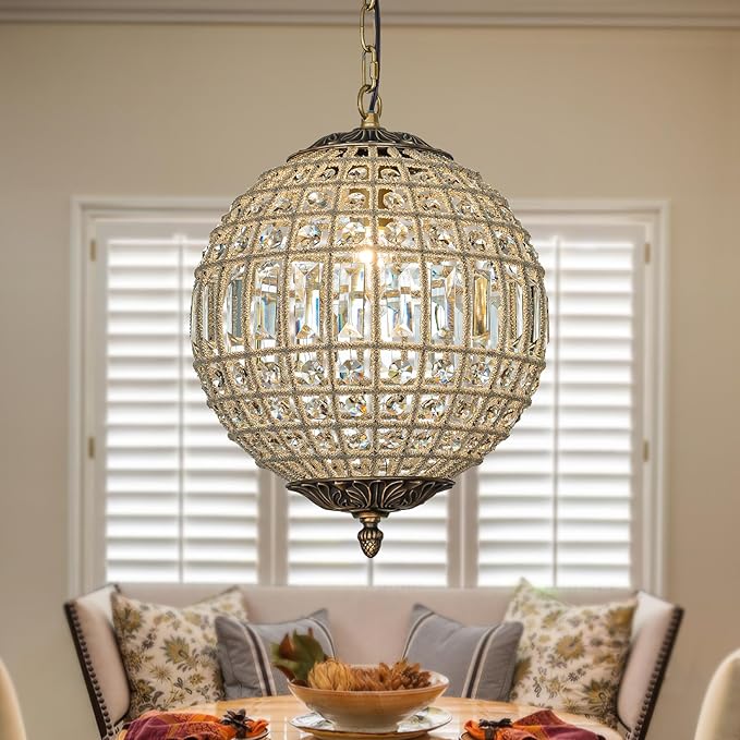 ALOADECOR 1-Light 12" Vintage and Glam Antique Gold Globe Clear Crystal Chandelier Ornate Sphere Pendant Light Retro Cage-Style Shade Chandeliers with Clear Glass Bead for Kitchen Island