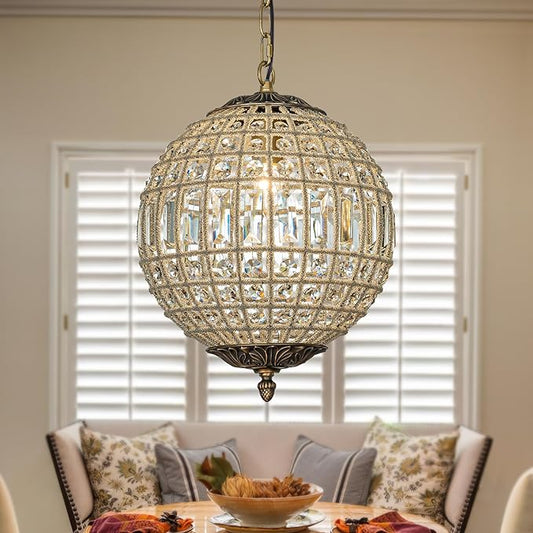 ALOADECOR 1-Light 12" Vintage and Glam Antique Gold Globe Clear Crystal Chandelier Ornate Sphere Pendant Light Retro Cage-Style Shade Chandeliers with Clear Glass Bead for Kitchen Island