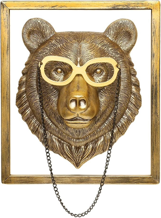 Newinhome Animal Heads Wall Decor (Includes Metal Frame) Resin Animals Sculptures Head Wall Hanging Decoration Gold vintage Wall Sculpture for Living Room Bedroom Office(Bear)