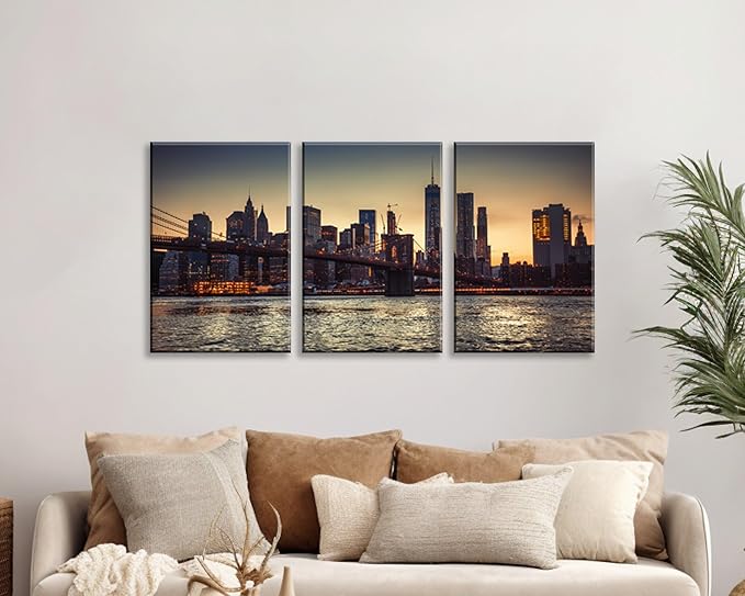 NAN Wind 1PCS New York City Skyline Canvas Wall Art Brooklyn Bridge at Sunset Golden Hour Manhattan Cityscape Pictures Canvas Artwork East River Reflection Modern Urban Home Decor Living Room Office