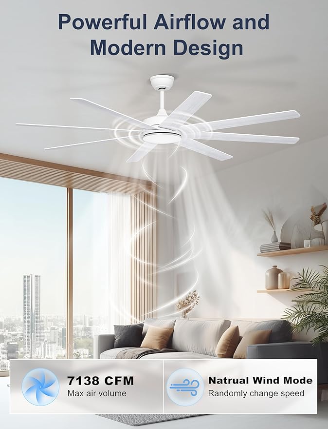 72 Inch Large Ceiling Fans Without Lights, 8 Blades White Ceiling Fan Remote/APP Control, Reversible Big Ceiling Fan for Shop Garage Living Rooms