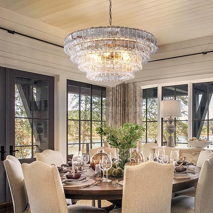 Clear Glass 36 inch Round Chandelier for Dining Room, Modern Drum Pendant Light Fixture with Crystal Glass, Gold Large Ceiling Light Perfect for Living Room, Bedroom