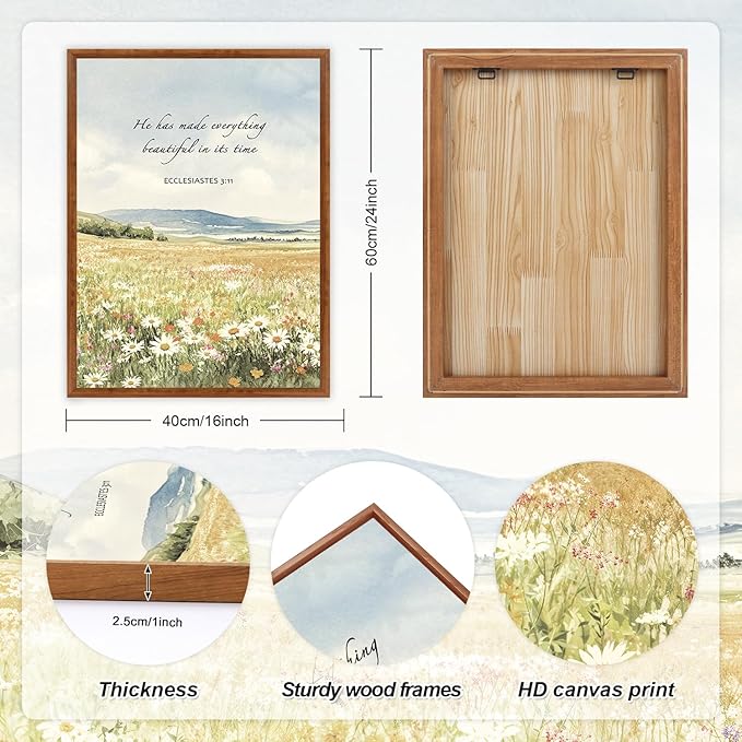 LHIUEM Christian Flowers Framed Canvas Wall Art,Vintage Bible Verse Wall Decor,Religious Jesus Prints,Natural Scripture Artwork for Living Room,Bedroom,Dining Room -16"x24"x3